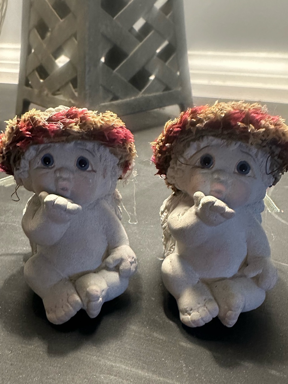 Pair of White Cherub Figurines with Pink-Trim Hats